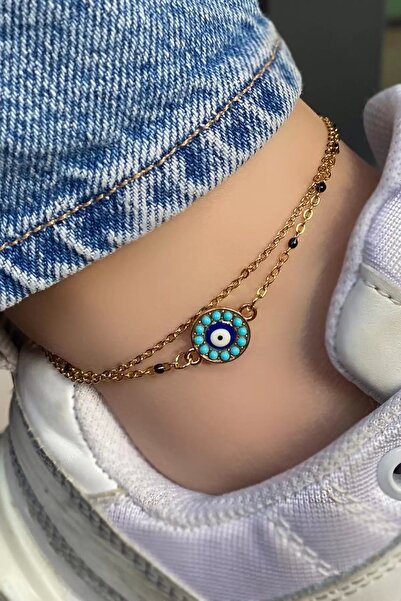 TakıDolabı خلخال من الفولاذ المزدوج مع خرز عين الشر باللون الذهبي