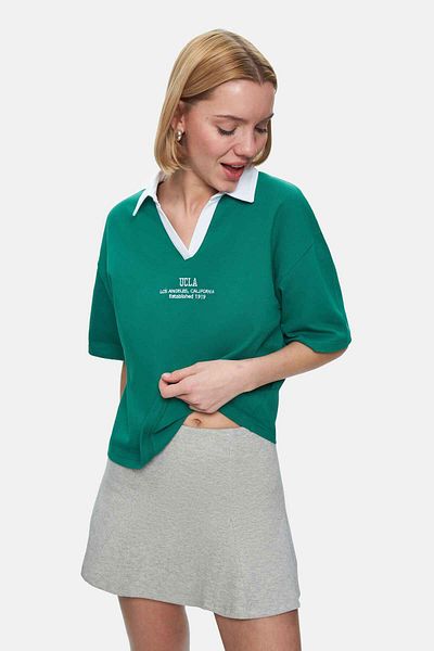 UCLA Tricou de damă POLLY verde cu guler polo, brodat, cu croiala lejeră