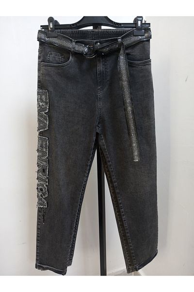 AKŞEN GİYİM Plus Size High Waist Loose Lycra Side Writing Detail Buckled Black Jeans Pants with Belt