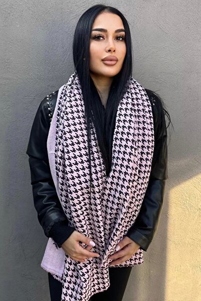 Genel Markalar Pembe Renk Kaz Ayağı Desenli Şal Atkı
