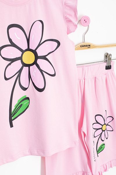 Cansın Mini Pink Daisy Printed Ruffle Detailed Girl's Shorts Set of 2 20602