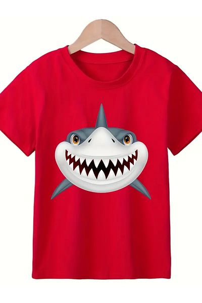 vinraus Girl\Boy Red Shark Printed Combed Cotton T-Shirt