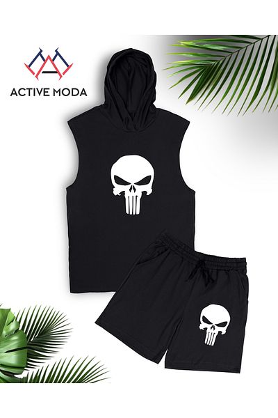 ACTIVE MODA -Men's Skull Printed Sleeveless Tank-Shorts 2-Piece Suit Oversized Large Size