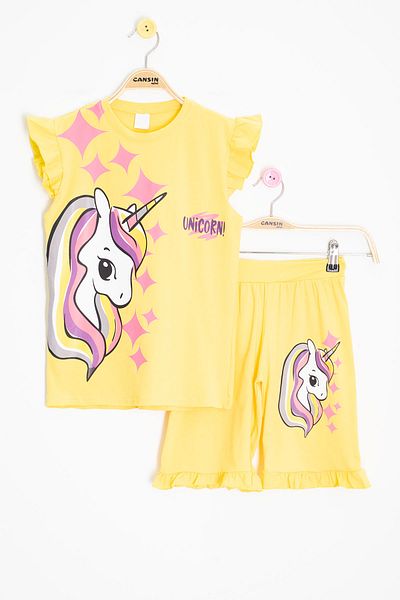 Cansın Mini Κίτρινο Unicorn εμπριμέ κοριτσίστικο σορτς 2 τεμαχίων 20614