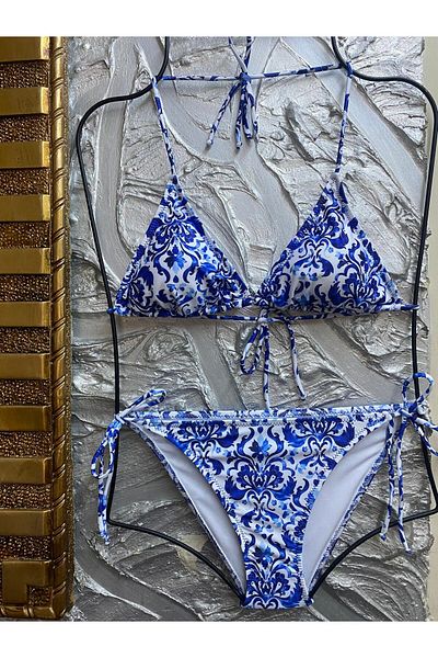 XORVİO Γυναικεία Νέας σεζόν Lycra Stretchy Side and Neck Tie Κομψό Σετ μπικίνι με κορδόνι τριγωνικό μπλε πλακάκι