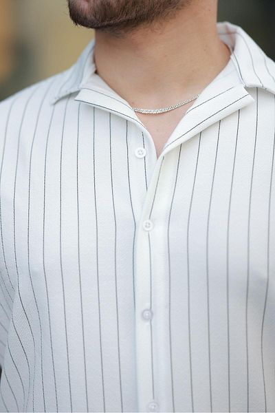 Valiberta Apaş Collar Crepe Fabric Striped Half Oversize Men's Shirt - White