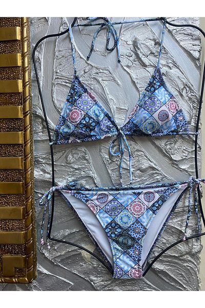 XORVİO Women's New Season Lycra Stretchy Side and Neck Tie Stylish Drawstring Triangle Blue Tile Bikini Set