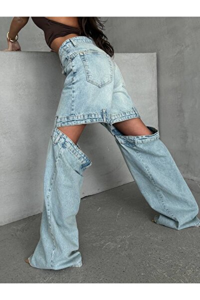 DENİKK TREND ÖZEL TASARİM WİDE LEG PALAZZO JEAN DENİM YIRTIK DETAY PANTOLON