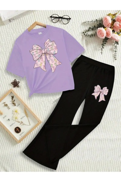 PENTHİLUS Girls Casual Comfortable Summer Set, Pink Rabbit and Flower Print Round Neck Short Sleeve T-Shirt