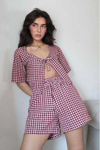 Madmext Burgundy Gingham Shorts Blouse Set Mg2373
