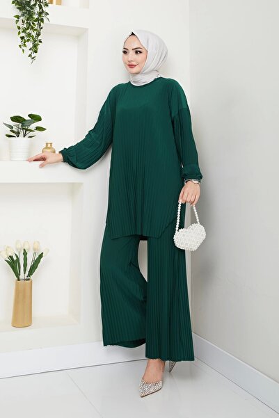 Moda MSK بدلة ساندي مطوي الزمرد مزدوجة مع بنطلون