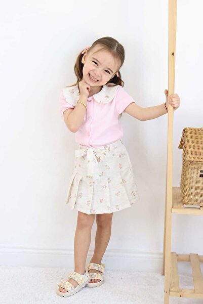 ESİLA KİDS Girl Baby Collared Floral Patterned Shorts Skirt Suit Summer Daily Combination 3-6 Years Old