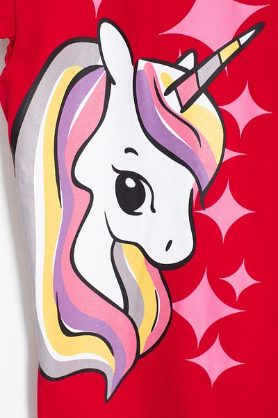 Cansın Mini Red Unicorn Printed Girl's Shorts 2 Piece Set 20615