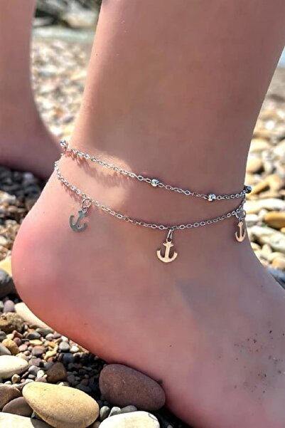 Genel Markalar Gümüş Renk Çapa Figürlü İkili Zincirli Halhal