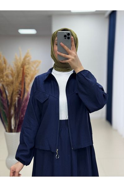 Ebrar Store Sofia Strawberry Zippered Skirted Pocket Suit-Na3390 Navy Blue