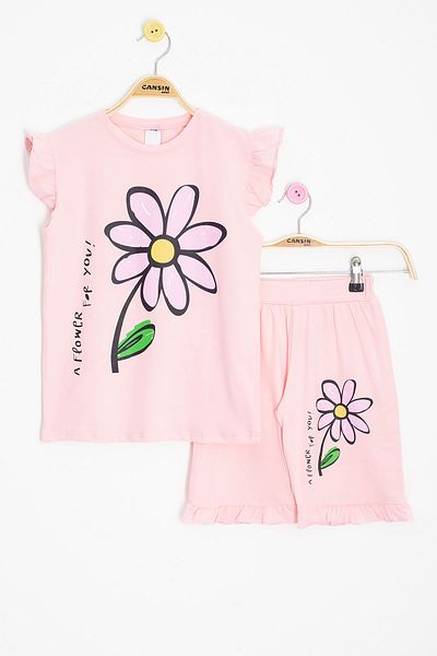Cansın Mini Salmon Daisy Printed Ruffle Detailed Girl's Shorts Set of 2 20603