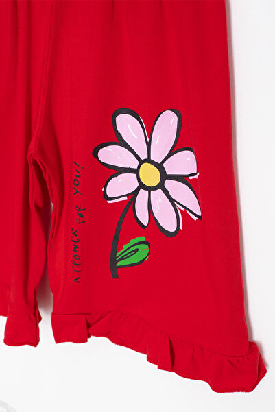 Cansın Mini Kırmızı Papatya Baskılı Fırfır Detaylı Kız Çocuk Şortlu 2li Takım 20608