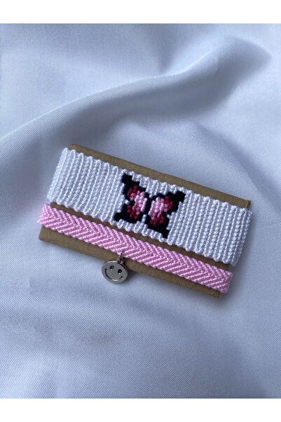MELUSH Pink and Butterfly Patterned Bracelet Set of 2 Charm Detailed Braided ...