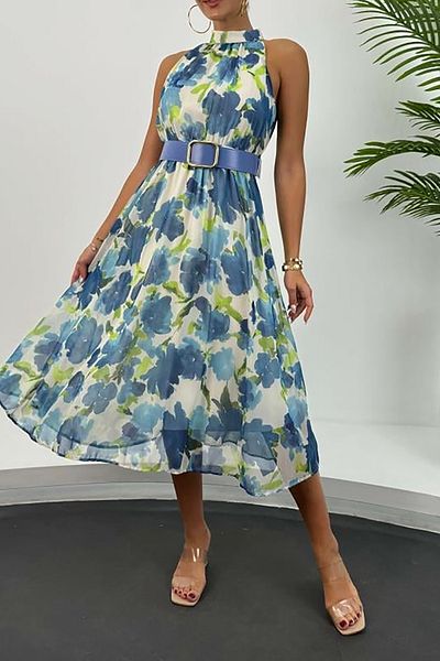 Neşeli Butik Women's Belt Midi Length Chiffon Dress Nbmy3432