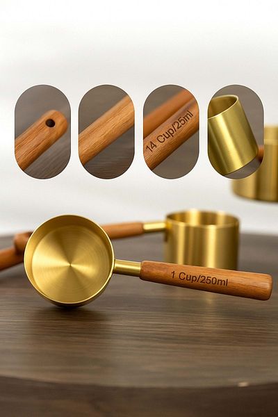 Jenisa Gold Stainless Steel Measuring Spoon 250 ml Premium Quality Measuring Spoon with Wooden Handle