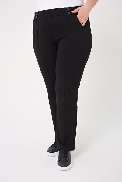 BANEGA Curve Plus Size Button Detailed Ribbed Pocket Recovery Women's Black Trousers