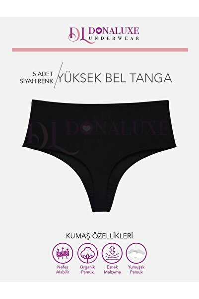 Donaluxe Kadın Tanga, Yüksek Bel Tanga Siyah Renk Pamuklu Kumaş 5'li Paket