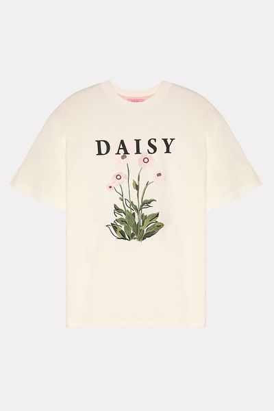 Quzu Large Size Tassel Floral Text Printed T-Shirt Ecru