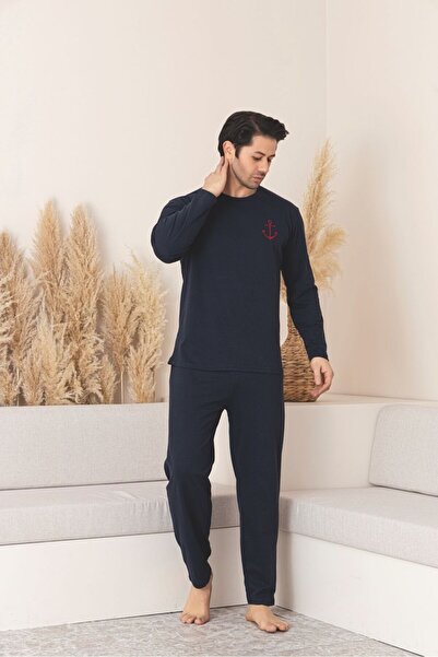 Huq Moda Men's Anchor Navy Blue Long Sleeve Combed Cotton Fabric Seasonal Pajama Set
