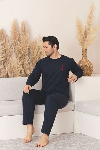 Huq Moda Ανδρικό Σετ Πιτζάμες Εποχιακής Πιτζάμες Μακρυμάνικο Χτενισμένο Βαμβακερό Ύφασμα Anchor Navy Blue