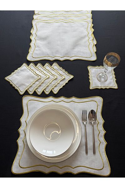 Smiling Home 12-Piece Gold Color Set - 6 Zigzag Square American Service & 6 Presentation Napkins