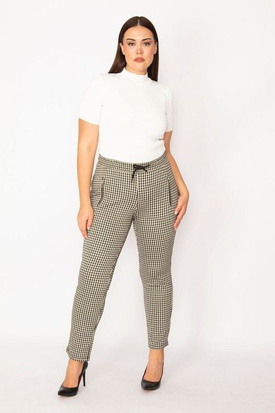 Şans Women's Large Size Brown Houndstooth Patterned Zipper Pocket Tunnel Waist Lace Trousers 65n29227