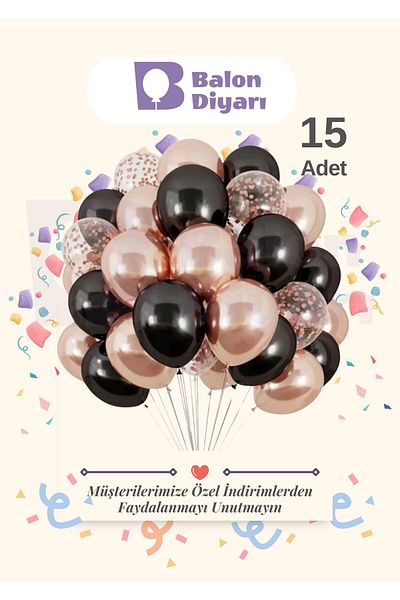 BALON DİYARI 15Pcs Black Transparent Confetti, Chrome Rose Gold Balloon Premium Balloon Set
