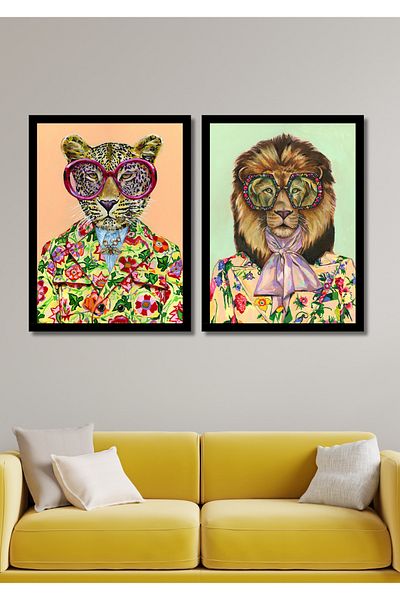 NT Handmade Set de pictură de decor de perete modern cu leu și tigru din 2 piese pentru sufragerie, dormitor, bucătărie