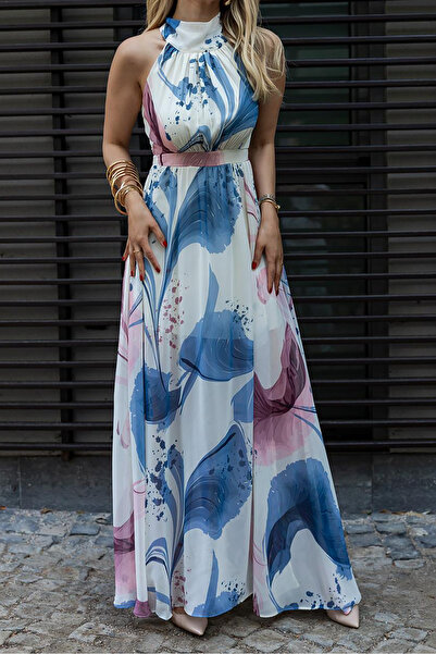 Neşeli Butik rochie maxi din șifon cu căptușeală cu guler pentru femei NBMY3242