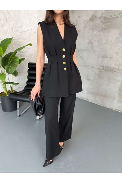 Elif Özbey Butik Black Front Pleated Vest Pants Suit