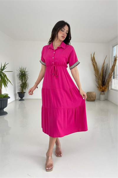 Neşeli Butik γυναικείο πουκάμισο με λαιμόκοψη με λεπτομέρεια λινό φόρεμα NBMY...