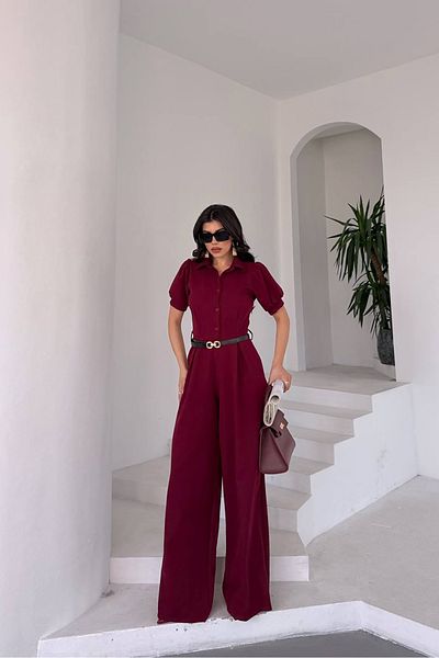 Neşeli Butik Women Shirt Collar Belt Wide Leg Jumpsuit Nbk4197