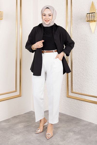 Tesettür Dünyası Belted High Waist Carrot Pants Tsd 250145   White