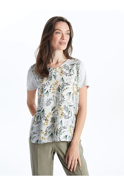LC Waikiki Lcw Grace Ecru V-Neck Floral Short Sleeve Women's T-Shirt