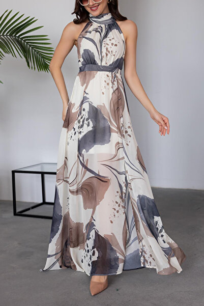 Neşeli Butik γυναικείο φόρεμα μάξι σιφόν με γιακά halter NBMY3242