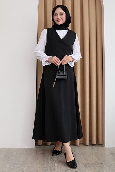 InStyle Costum negru cu vestă cu detaliu de legare
