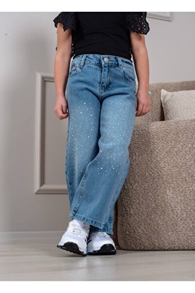Emilakids Kız çocuk Taşlı Geniş Paça Bel ayarlı Kot Pantolon