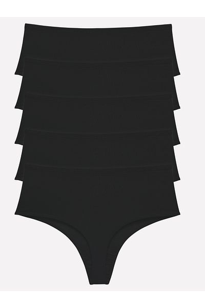 Donaluxe Tanga de dama, tanga cu talie inalta tesatura din bumbac culoare neagra Pachet de 5