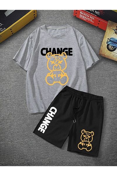JANSO GROUP -Men's Printed Change Short Sleeve Tshirt-Shorts Set 2 Pcs Large Size Oversized
