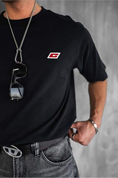 ablukaonline Tricou oversize brodat pentru bărbați, negru