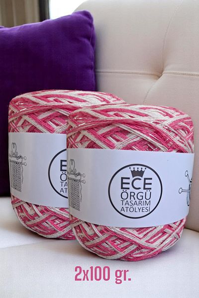 Ece Örgü Tasarım Atölyesi Ροζ και κρεμ χρώμα πολυστρωματικό μερσεριζέ με ασημί glitter βαμβακερό πλεκτό σχοινί χειρός (200 γρ.)