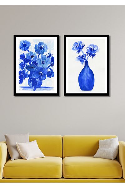 NT Handmade 2 Pieces Modern Blue Flowers Wall Decor Painting Set for Salon Living Bedroom Kitchen