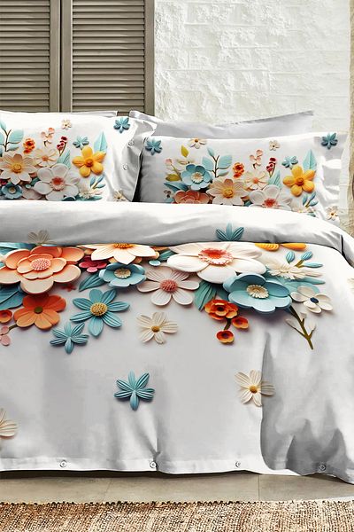 MonoHome 100% Cotton Ranforce Dowry Luxury 5D Digital Double Duvet Cover Set Lotus