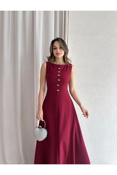 Afiş Butik Burgundy Zero Sleeve Bow Tie and Removable Brooch Long Dress