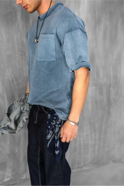 ablukaonline Ανδρικό πλενόμενο μπλουζάκι με λεπτομέρεια ραφής μπλε